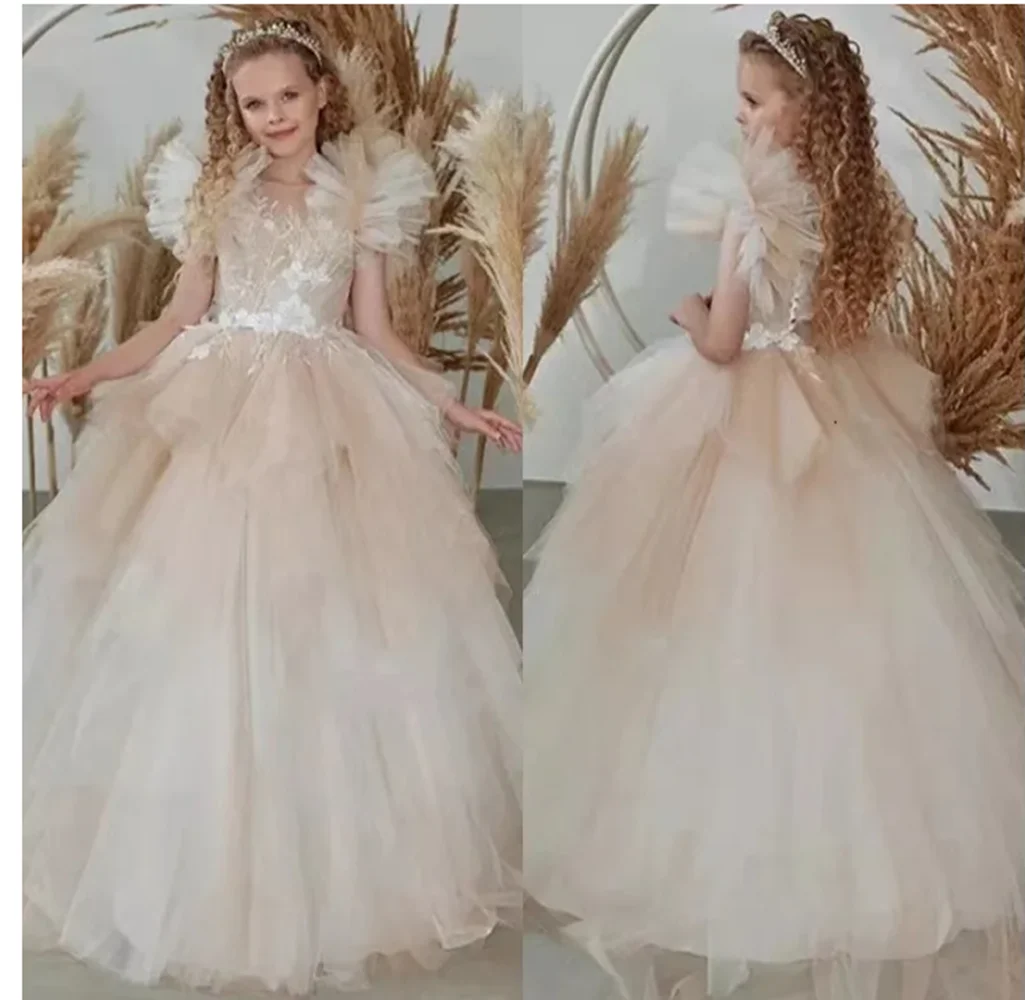 Šampanja Lühikeste Varrukatega Lilleneiu Kleit Printsess Elegantne Appliques Esimene Õhtusöömaaeg Kleit Tüdruk Sünnipäeva Kleidid1