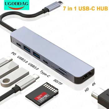 7 in 1 USB-C-Hub 4K HDMI-ühilduvate C-Tüüpi Adapter OTG Thunderbolt Dock 3 koos PD TF SD jaoks Macbook Pro/Air iPad XPS Pind