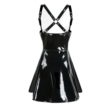 Must Seksikas Päitsed Wetlook PVC Clubwear Naiste Bodycon Suspender Mini Kleit Steampunk Tõmblukk Läikiv Nahk Kostüümid