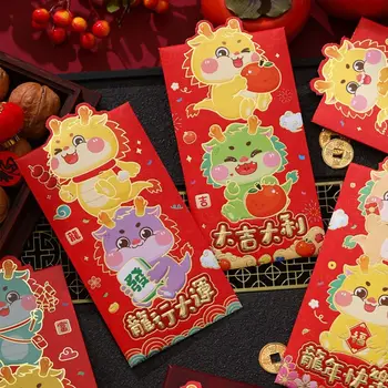 6tk Uus Aasta Pakettaknad Hiina Lohe Muster Õnne Raha Kotti Õnnistus Kott Punane Tasku Punane Ümbrik Spring Festival Teenetemärgi