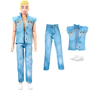 NK 1 Sätestatud Prints Ken Mannekeeni Mood Imitatsioon Denim Sinine Ülikond Lahe vabaajarõivaste+Valged Kingad Barbie Nukk Tarvikud Kingitus Mänguasi