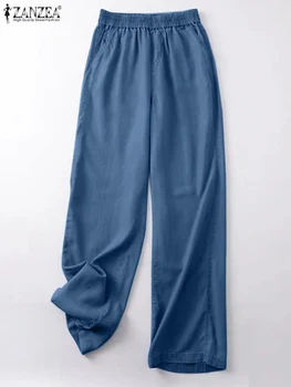 2023 Naised Lai Jalg Püksid ZANZEA Mood OL Põhjad Vintage Denim Sinised Püksid Liiga Elastne Vöökoht Pantalons Puhkus Palazzo