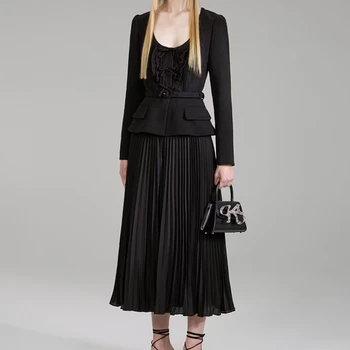 2023 uus Naiste pikk kleit Täis Varrukas Krae ümber Must Keskel Vasikas Pikkus Plisseeritud Kleit