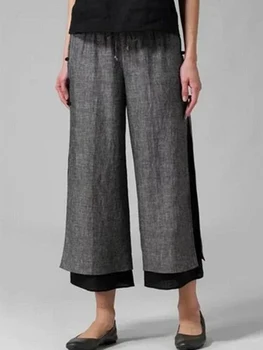 Puuvill-lina Mood Pahkluu Pikkus Pant Naiste Mosaiik Retro Vabaaja Püksid Võltsitud Kaks Tööd Pant Vintage Split Sirge Pant