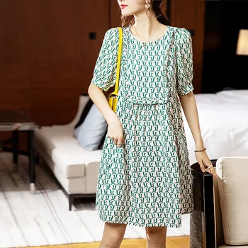 #4511 Roheline Trükitud Sifonki-line Kleit Naiste ümber Kaela Seksikas Lõhik Ühine Lühike Kleit Naine Taskud Elegantne Office Naine Kleit